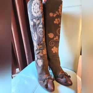 SAM EDELMAN Granny  Embroidery Suede Leather  Zip Toe Ties Knee Boots 8.5 EUC